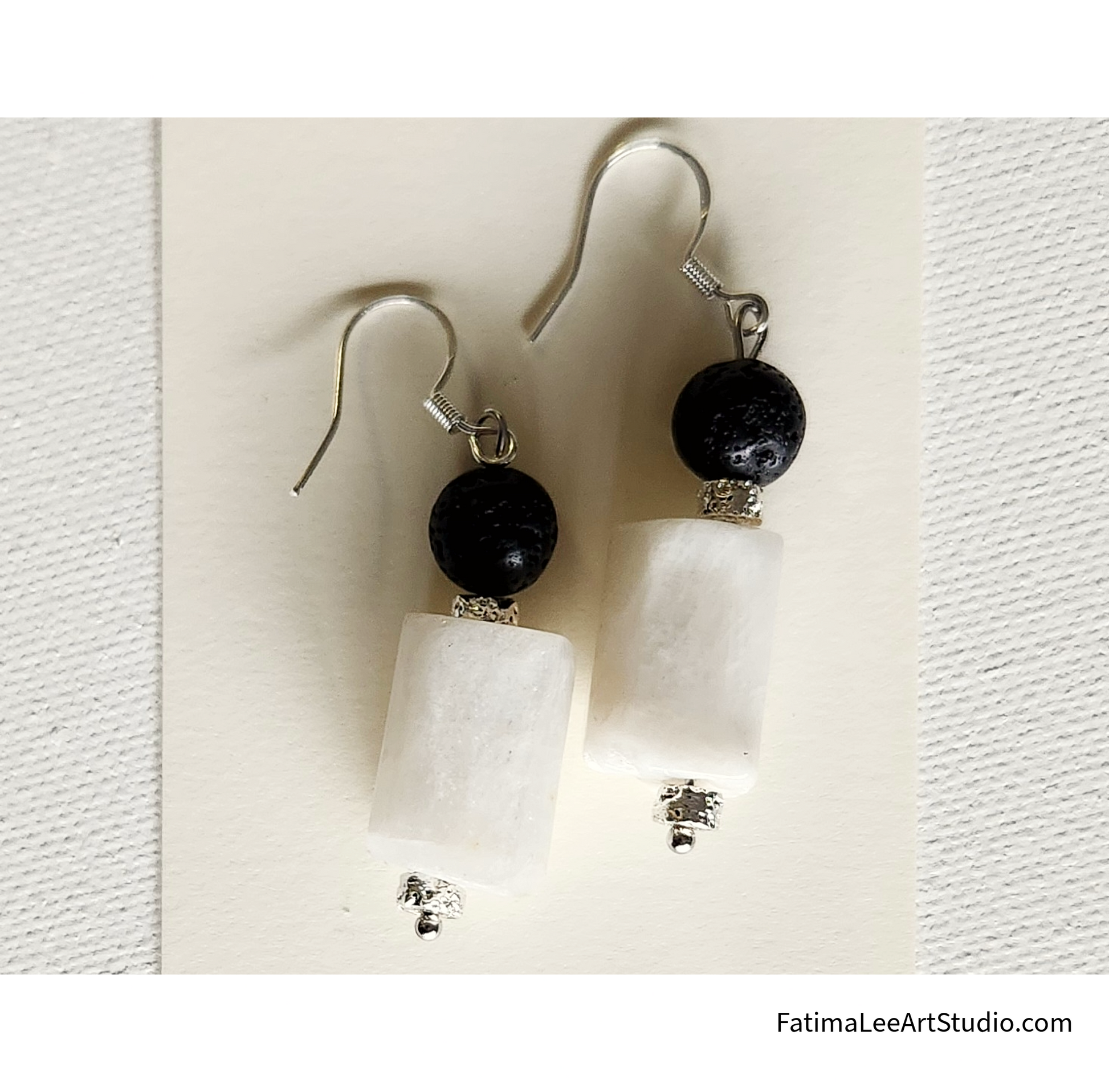 Elegant Geometric Earrings Artisanal, white and black, Sunstone and volcano stone, sterling silver