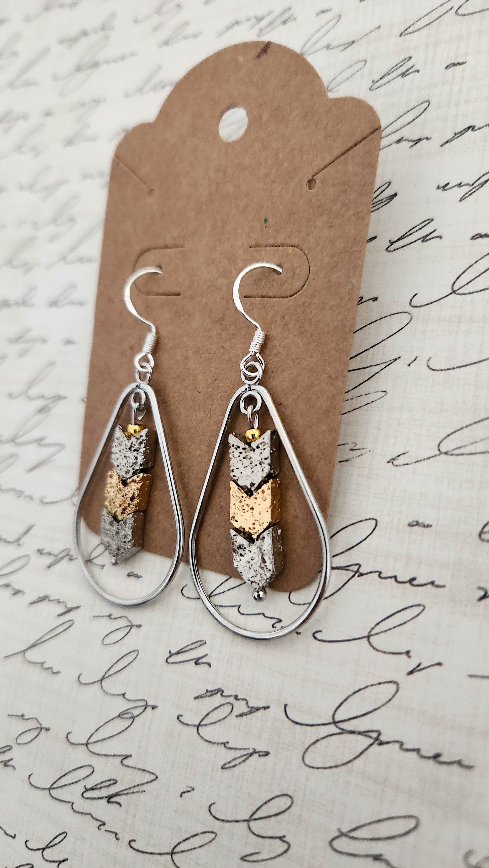 Tear drop Earrings with Golden and Silver Volcano Stones, sterling silver hook