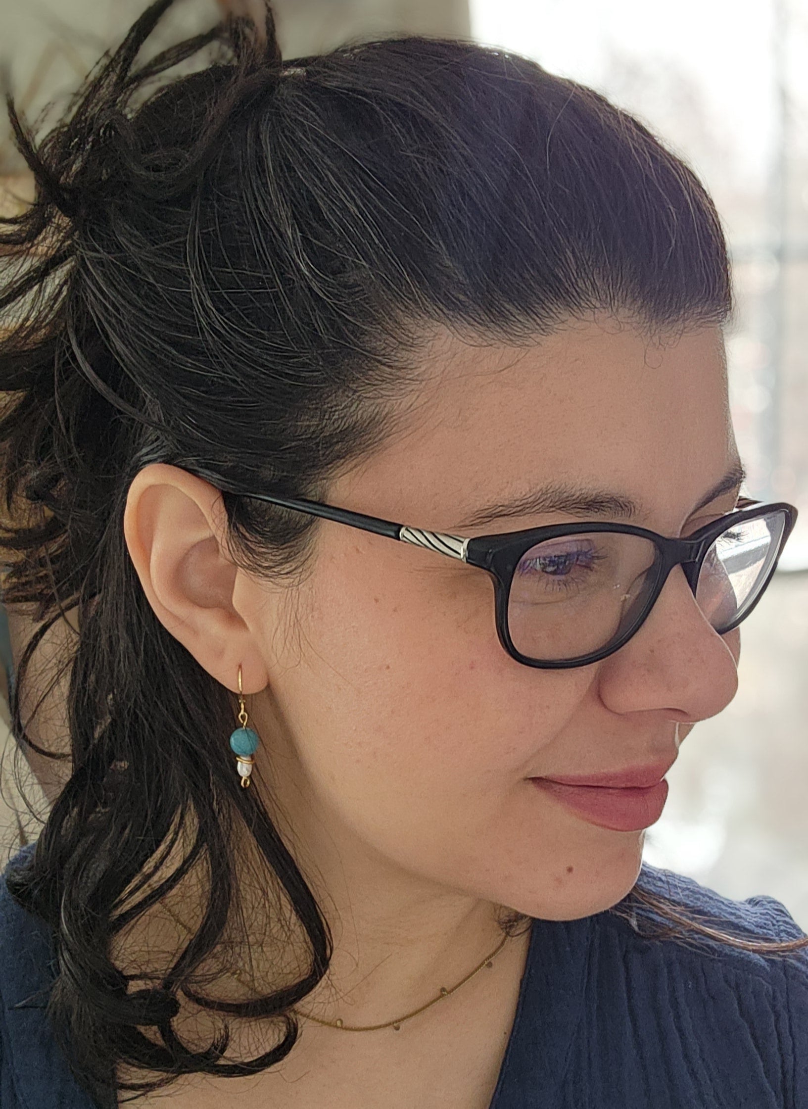 Tourmaline handcrafted earrings, blue, golden accents, sterling silver 18k plated