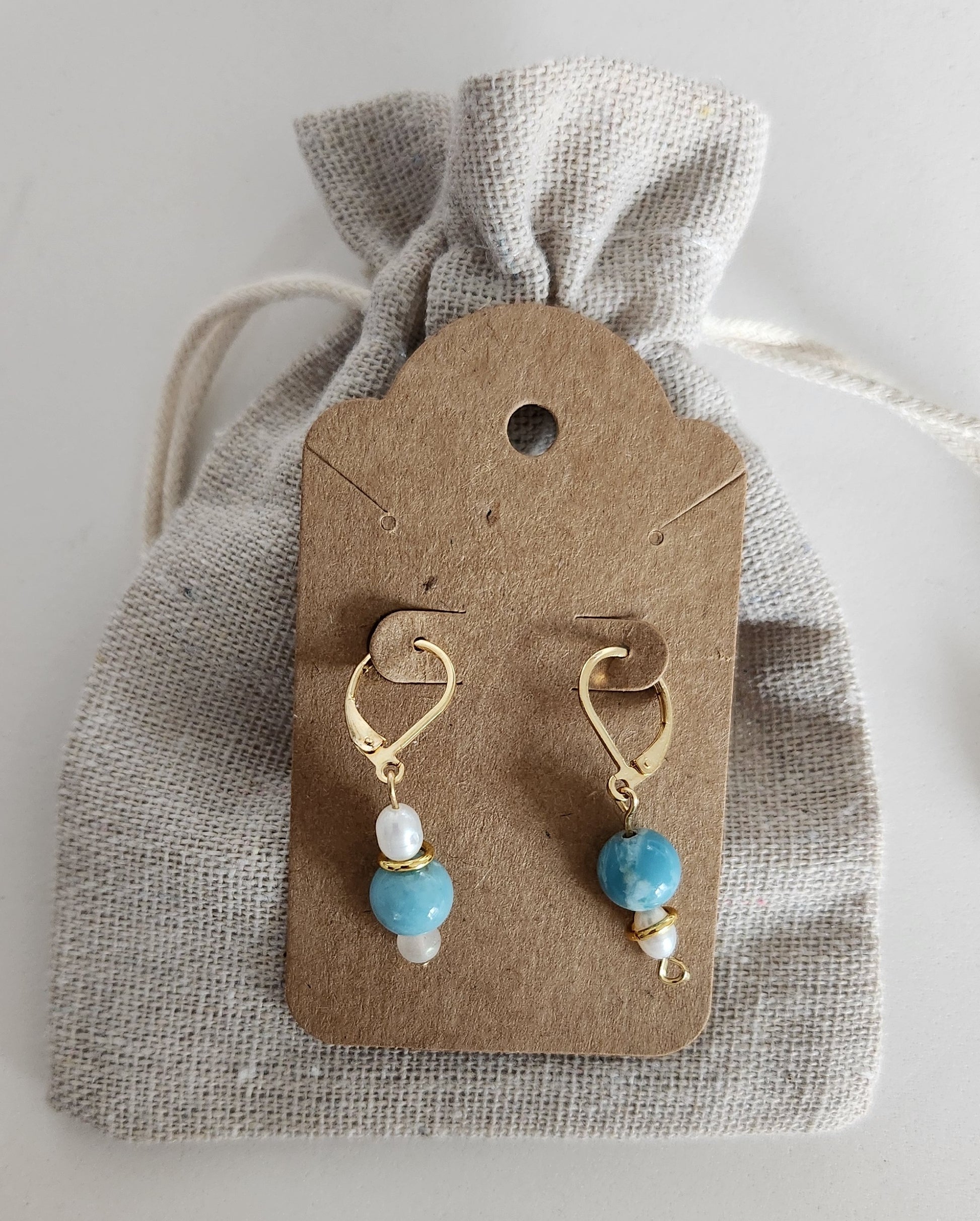 Tourmaline handcrafted earrings, blue, golden accents, sterling silver 18k plated