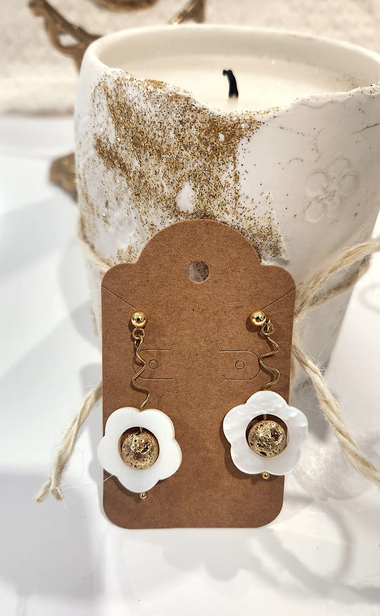 Shell Flower Earrings with Volcano Stone – 24K Gold Studs Handmade Jewelry
