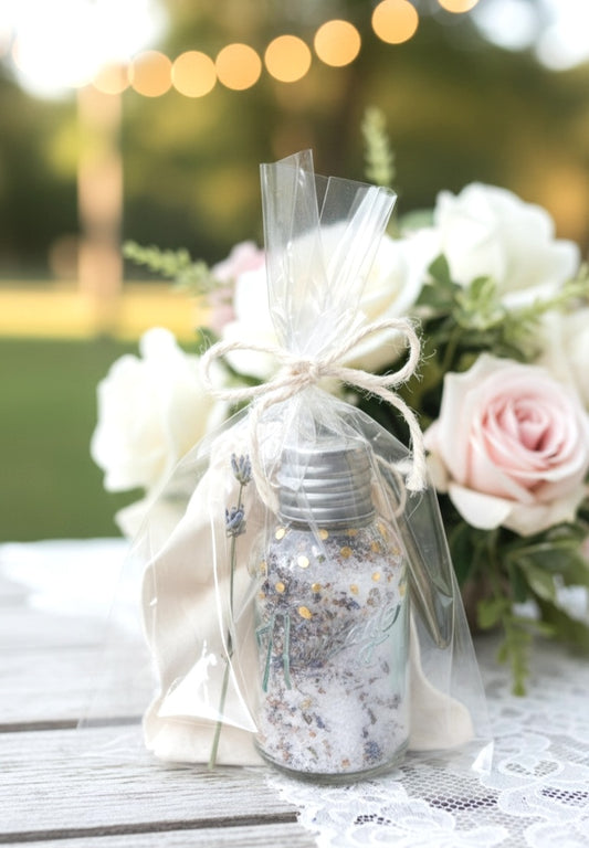 Lavender Wedding Favor Bath salt in a glass jar 