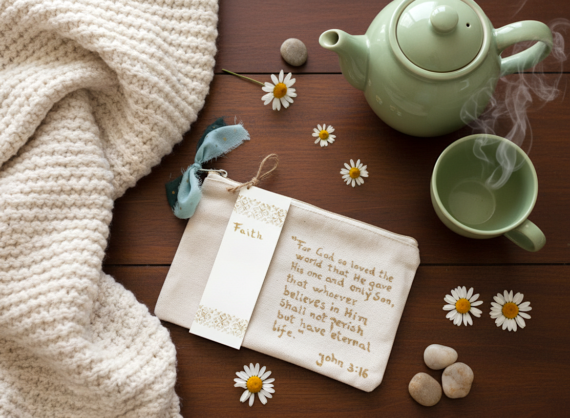 A beautiful handmade cotton pouch inspired by  Bible verse John 3:16, on a wooden table with a green cup of tea and a  teapot surrounded by daisy flowers