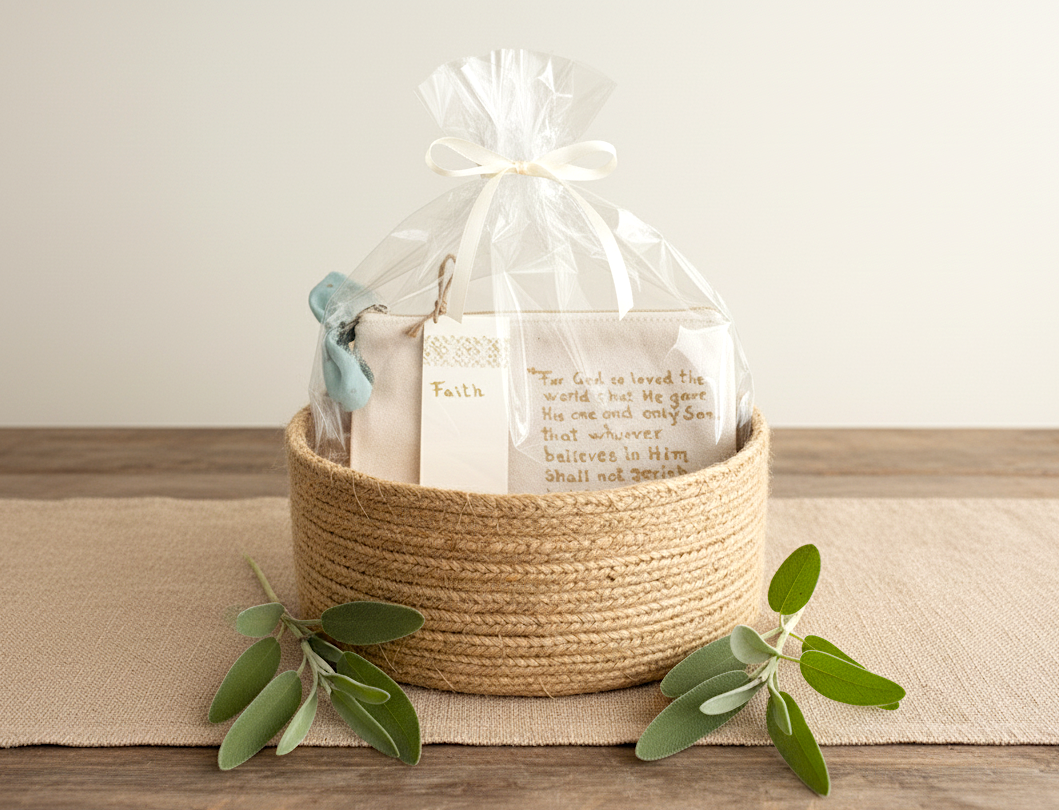 A beautiful handmade cotton pouch inspired by  Bible verse John 3:16  written in golden text with a Bookmark with the text Faith