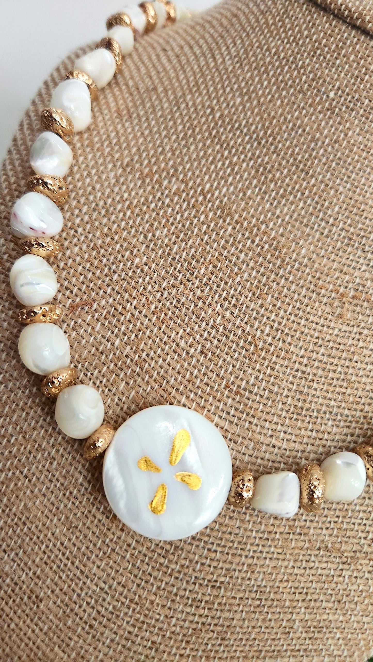 Mother of Pearl & Golden Volcano Stone Earrings – Hand Painted Shell with Gold Plated Hooks