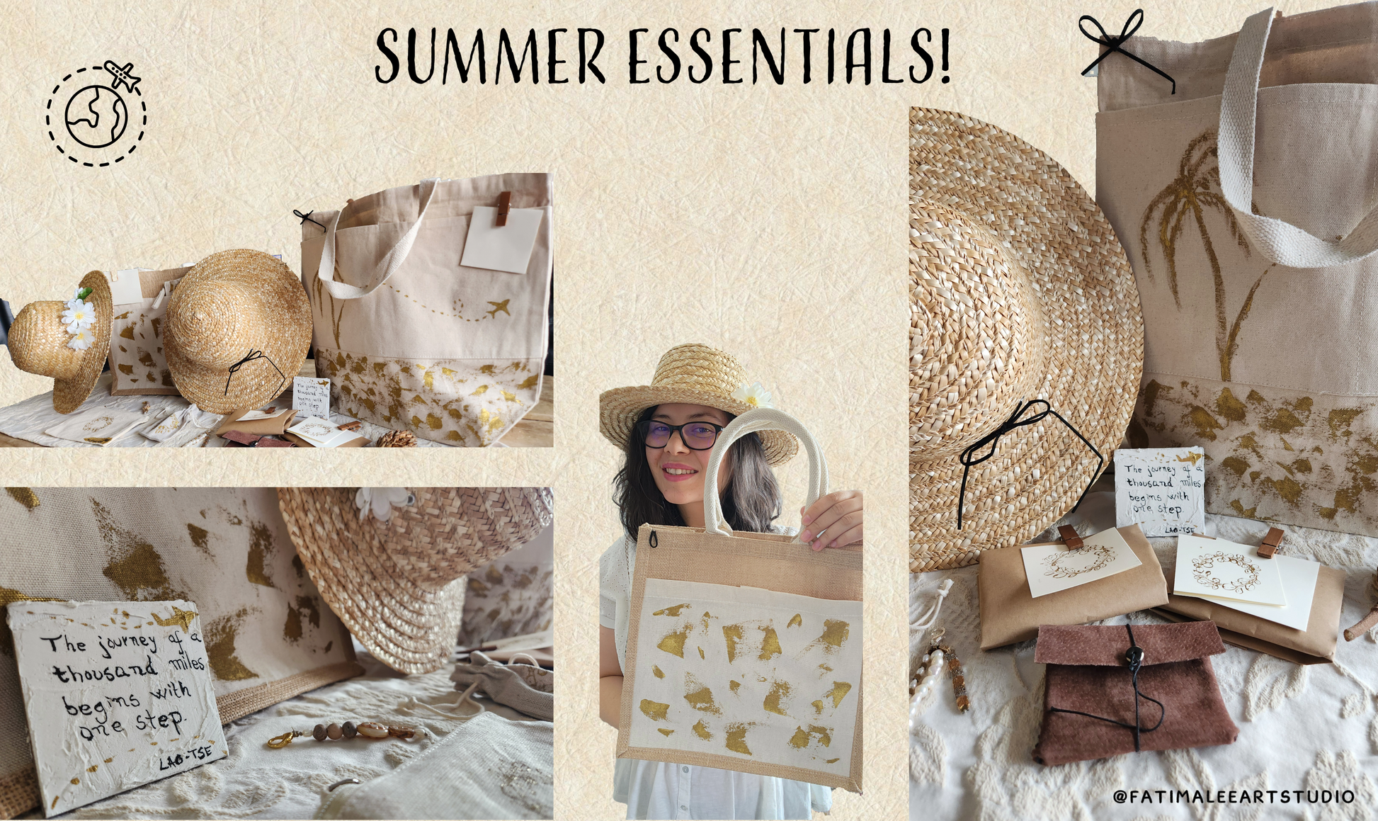 Collection of elegant handprinted Jute and Cotton bags with semiprecious keychains, straw hat, a handprinted magnet with travel quote