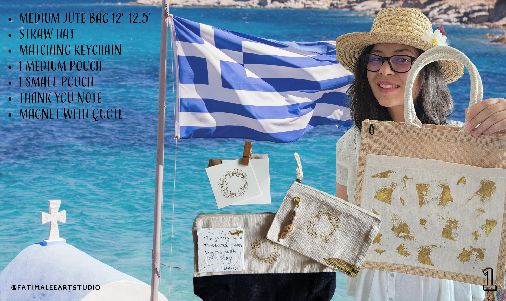 Travel bundle, Jute bag, cotton pouches, keychain, magnet with Quote and straw hat